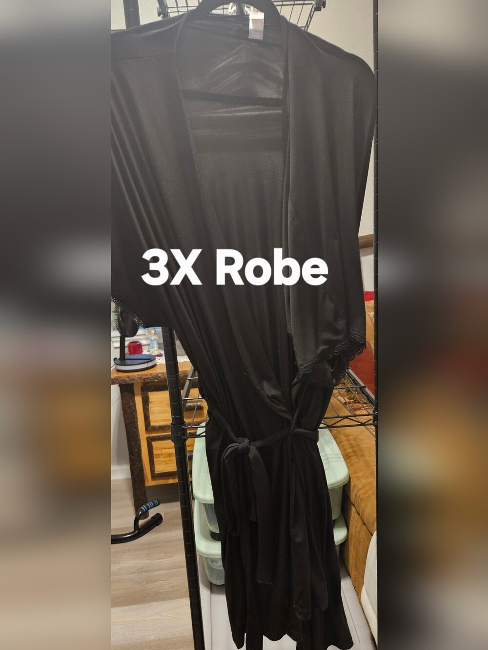 Black 3X Satin Robe with Lace Trim